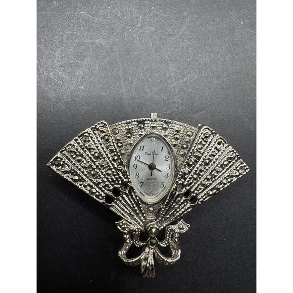 Vtg Art Deco Pierre Nicol Hidden Peekaboo Fan Quartz Watch Pendant Marcasite - Picture 1 of 11